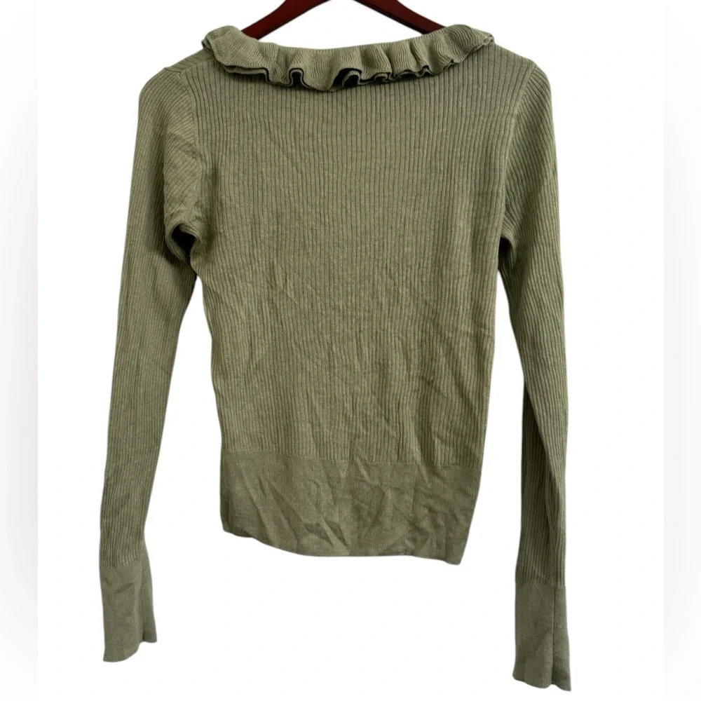 J. Crew green ruffle silk/cashmere blend button front ribbed cardigan size M
